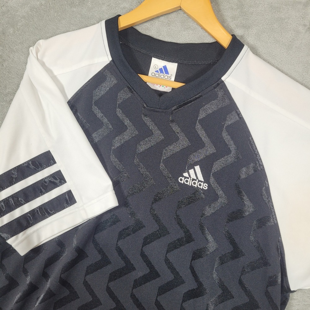 Vtg 90s Adidas Soccer Jersey L Black White Zigzag Jacquard Flag Tag Made In USA